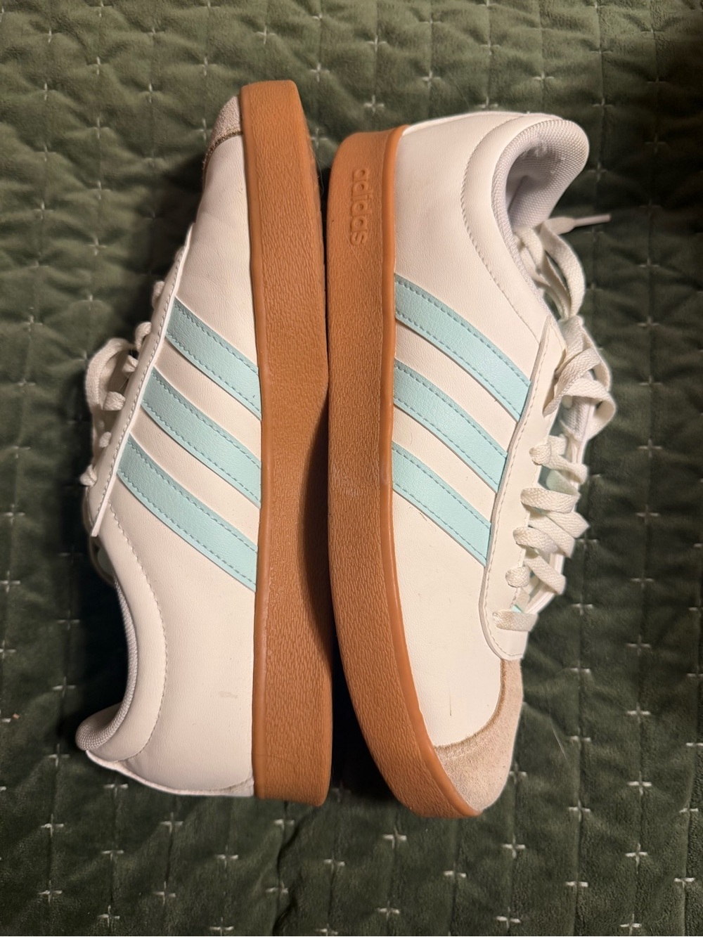 Adidas Women's White Sambas with Light Blue Stripes and Gum Sole